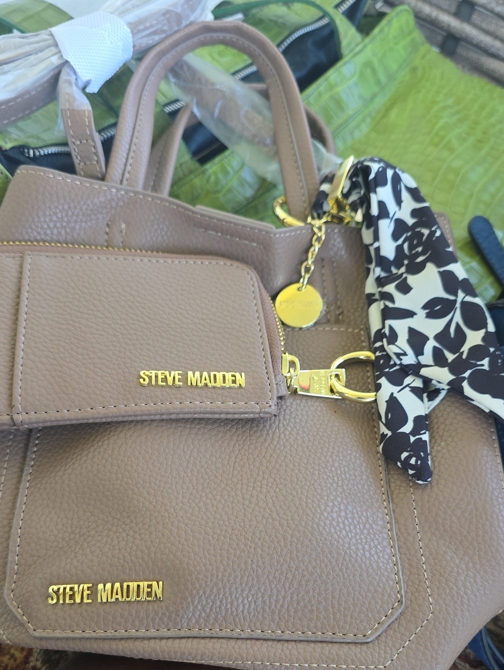 Steve Madden Tan Textured Tote with Black-and-Cream Scarf Accent